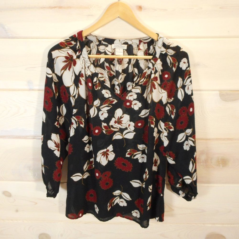Lucky Brand Women's S Dark Floral Boho 3/4 Sleeve Blouse Shirt V-neck